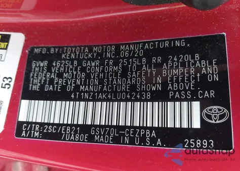 2020 Toyota Camry Trd из США, поврежденный, VIN 4T1NZ1AK4LU042438